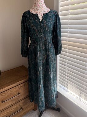 Wrap London Green Boho Floral Midi Dress Botanical Print 100% Cotton US 12